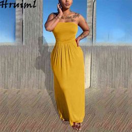 Arrival Summer Dress Strapless Ruched Solid Colour Beach Holiday Long Sexy Party Clubwear A Line Plus Size Women 210513