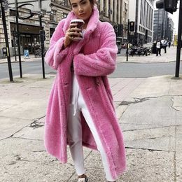 Inverno Rosa Lungo Teddy Giacca Donne Cappotto Moda Spessa Caldo Oversize Solido Cappotto Femminile Faux Pelliccia di Lana D'agnello Outwear 210906