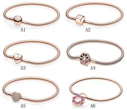 Genuine S925 Sterling Silver Fit Pandora rose gold fan snake bone chain full of diamond love Bracelet Bead Love Heart Blue Crysta Charm For Bracelet DIY Beads Charms