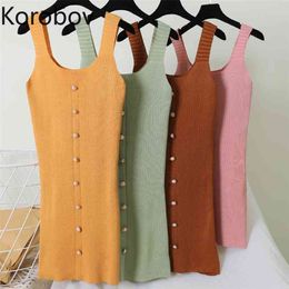 Korobov Sexy Sleeveless Off Shoulder Camis Dress Women High Waist Hip Skinny Button Vestido Mutlicolor Staight Ropa 2a939 210430