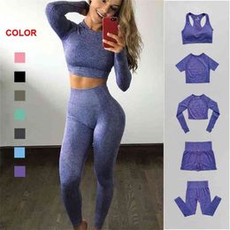 2/3/5Pcs Seamless Women Yoga Set Gym Clothing Fitness Leggings Cropped Shirts Sport Suit Long Sleeve Tracksuit Active Wear 210802