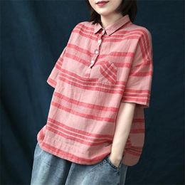 Summer Arts Style Women Loose Casual Turn-down Collar Striped Shirts Short Sleeve Cotton Linen Blouses Femme Tops S772 210512