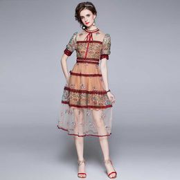 Fashion Runway Summer Mesh Dress Women Lace Patchwork Embroidery Vintage Female Vacation Beach Midi Dresses 210529