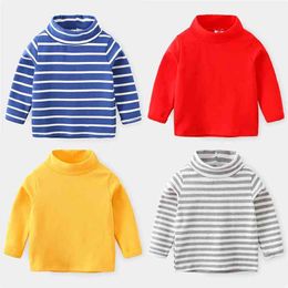 Spring Autumn 2 3 4 6 810 Years Children'S Long Sleeve Cotton High Neck Basic Turtleneck Striped T-Shirt For Baby Kids Boy 210414