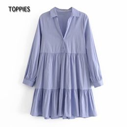 Toppies Vintage Blue Cotton Blouses Dresses Women Long Sleeve Pleated Hem Mini Dress Casual Smocks 210412