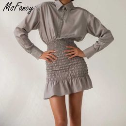 Msfancy Summer Korean Skirt Sets Women Long Sleeve Single Breasted Shirt High Waist Elastic Mermaid Skirt Mujer 2 Pieces 210604