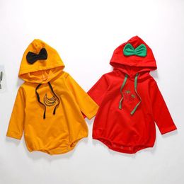 Spring Autumn Infant Baby Rompers Boys Girls Long Sleeve Lovely Fruit Print Hooded Clothes 210429