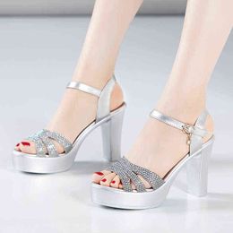 Sandals Big Size 32-43 Platform Women Wedding Shoes Summer Rhinestone Block High Heels Ladies Sandal SIlver 220121