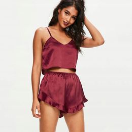 Summer Women Satin Two-piece Sets Sexy Strap V-neck Backless Crop Tops Elastic Waist Ruffle Shorts Large Size Lady Pamas Suits 240423