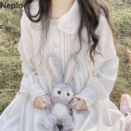 Neploe Japanese White Lolita Dress Women Peter Pan Collar Sweet Kawaii Vestidos Mujer Lantern Long Sleeve Loose Cute Dresses 210422