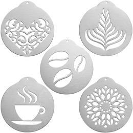 BESTONZON 5 Pcs Stainless Steel Coffee Stencils Barista Cappuccino Arts Templates Coffee Garland Mould Cake Decorating Tool