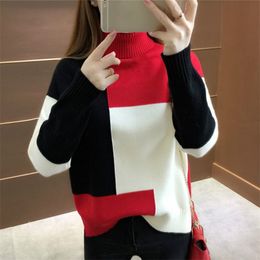 Fashion Patckwork Sweater Women Pullover Jumper Long Sleeve Thick Winter Clothes Korean Rainbow Turtleneck Knit Sweaters 210422
