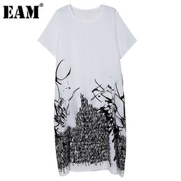 [EAM] Women White Big Size Print Casual Dress Round Neck Short Sleeve Loose Fit Fashion Spring Summer 1DD7146 210512