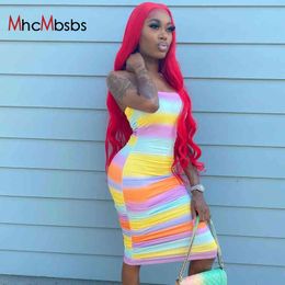 Rainbow Print Striped Tube Top Midi Dress Elegant Casual Trendy Clothes Women Strapless Ruched Sexy Bodycon Dresses Summer 210517