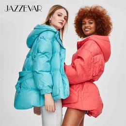 Jazzevar зимняя мода улица дизайнер бренд женская белая утка вниз куртка красивые девушки верхняя одежда пальто с поясом 210913