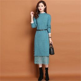 knitted dress women spring and autumn fashion lace belt bottoming sweater skirt casual cotton 210427