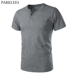 High Quality Heavyweight Basic T-shirt Men Casual Short Sleeve V Neck Thick Cotton Tshirts Mens Amekaji Henley Tops 2XL 210522