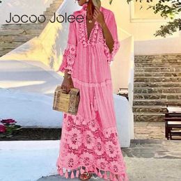 Jocoo Jolee Women Spring Bohemian Lace Patchwork Long Sleeve Beach Style Long Dress Deep V-Neck Elegant Tassel Solid 210619