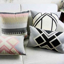Vintage Pink Grey Cushion Cover Aztec Geometric Embroidery Pillow Case with For Sofa Bed Simple Home Decor 45x45cm/30x50cm 210401