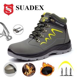 SUADEX Winter Safety Shoes Men's Steel Toe Indestructible Boots Warm Outdoor Hiking Waterproof Work 211217