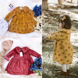 Wawa Kids Girls Long Sleeve Dress Spring Arivals Yellow and Red Color Floral Pattern Sister Matching Clothing 210619