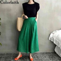 Colorfaith Women Summer Trousers Pantskirt High Elastic Waist Casual Cotton and Linen Wide Leg Ankle-Length Pants P6673 210925