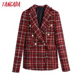 Women Red Plaid Tweed Female Long Sleeve Double Breasted Elegant Jacket Ladies Blazer Suits BE256 210416