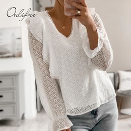 Summer White Lace Ruffle Shirt Long Sleeve Hollow Out V Neck Women Blouse Sexy Tops 210415