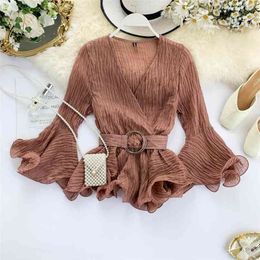 Autumn Shirt Women's V Neck Long Flare Sleeve Chiffon Blouse Solid Color Fashion Tops J449 210527