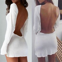 Kayotuas Women Dress Sexy Solid White Beach Summer Bikini Cover-Ups Mesh Backless Mini Long Sleeve Slim Beachdress 210522