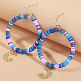 Boho Heishi Polymer Clay Disc Beaded Big Circle Earrings for Women Multicolor Moon Star Stretch Earrings Ethnic Handmade Jewelry