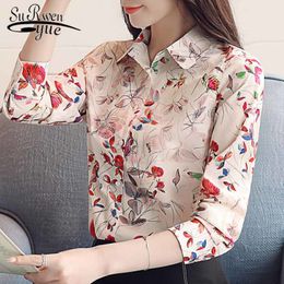 blouses woman Korean floral print chiffon blouse women long sleeve shirts turn down collar office ladies tops 5368 50 210508