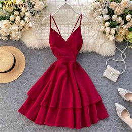 Summer Women Dress Chic Spaghetti Strap Vestidos Sweet V-Neck Sexy Backless Slim Waist Ruffle Beach Dresses Robe 210519