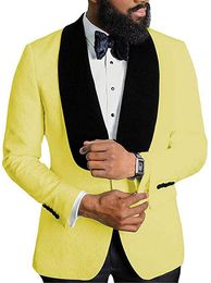 Wedding Tuxedos High Quality One Button Yellow Embossing Groom Wear Shawl Lapel Men Suits Prom Dinner Best-Man Blazer(Jacket+Pants+Bow)