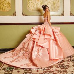 Classy Ball Gown Quinceanera Dresses Sweetheart Neck Beaded Appliqued Prom Dress Sweet 16 Party Wear Satin Sweep Train Sequined Masquerade Gowns