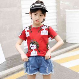 Summer Kids Clothing Set for Teens 8 To 12 Years Teenage Cartoon Red Shirts + Solid Blue Jeans Shorts 2pcs 210622