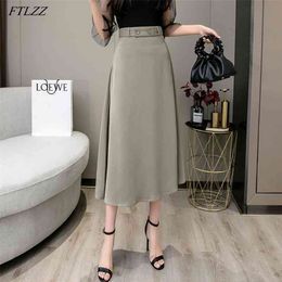 Summer Office Lady High Waist Black Medium Skirt With Belt Casual Female Solid Colour A-line Loose Midi Skirts 210430