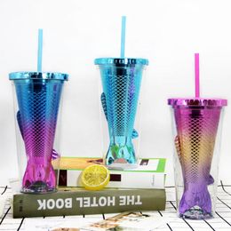 350ml Gradient Mermaid Tail Mug Fish Scales Sequins Double-layer Plastic Straw Cup with Lid Festival Party Gift Beverage Tumbler