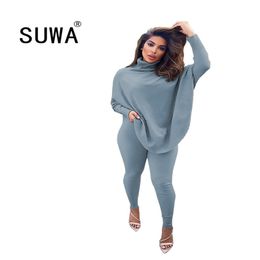 Autumn Winter Women's Tracksuit Solid Color Turtleneck Sweater Top and Elastic Trousers Suits Knitted Two Piece Set Wholesale 210525