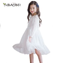 2020 New Fashion Big Girl White Lace Dress Children Clothing Dance Party Kids Dress Cute Long Over Knee Teenager Dress Q0716