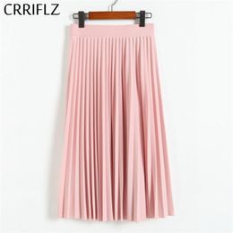 CRRIFLZ Spring Autumn Fashion Women's High Waist Pleated Solid Color Half Length Elastic Skirt Promotions Lady Black Pink 210520