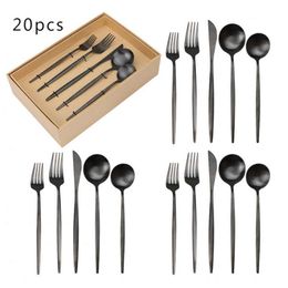 20Pcs Steel Cutlery Flatware Set Matte Black Dinnerware Dinner Wedding Gift Box Forks Knives Spoons Silverware Tableware 210928