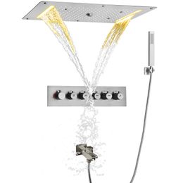 Brushed Nickel Thermostatic Modern Bathtub Shower Faucet Set Waterfall Spray Bubble Rain LED With Handheld