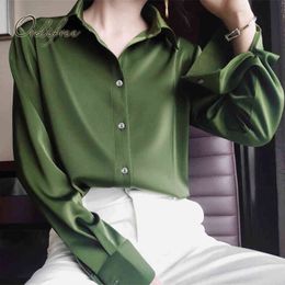Spring Vintage Women Satin Blouse Long Sleeve Green Red Silk Office Lady Shirt Tops 210415