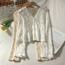 Ezgaga Hollow Out Flower Shirt Women Fashion Lace Up Long Flare Sleeve Crop Tops Loose Single Breasted Ladies Blouse Autumn 210430