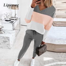 Spring V Neck Sweatshirts Outfits Sportswear Fashion Women Two Piece Sets Casual Tops And Drawstring Long Pants Suits Tracksuits Y0625