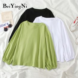 Beiyingni Lantern Sleeve Tshirts Women Solid Color Loose Vintage Plain T-shirt for Woman O-neck Fall Fashion Tops Shirts Mujer 210416