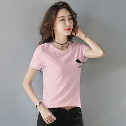 M-3XL Plus Size Pink Cotton T Shirt Short Sleeve Women Tops Summer Tshirt Korean Style T-shirt Big Girls White Black Tees 210604