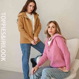 Spring Woman Zipper Jacket Knitted Coat Cardigans Sweaters Female Pink Tops Turn Down Collar 210421