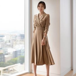 Women Casual Sashes A-Line Dress Office Ladies Pleated Dresses Spring Summer Fashion Elegant Wear To Work Dress 210515